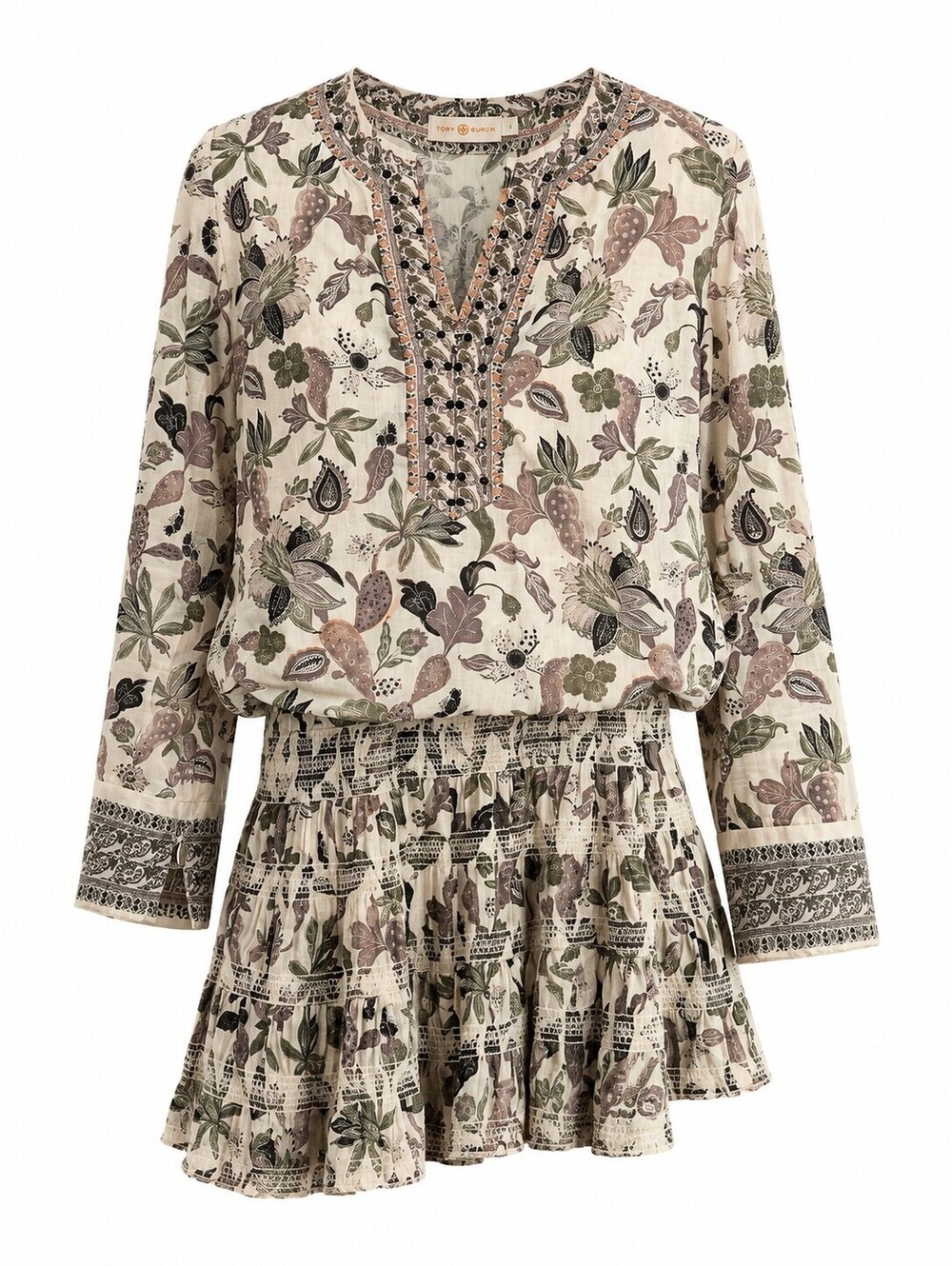 Tory Burch 2-Piece Set Beaded Tunic Top Smocked Skirt Botanical Print Size 12
